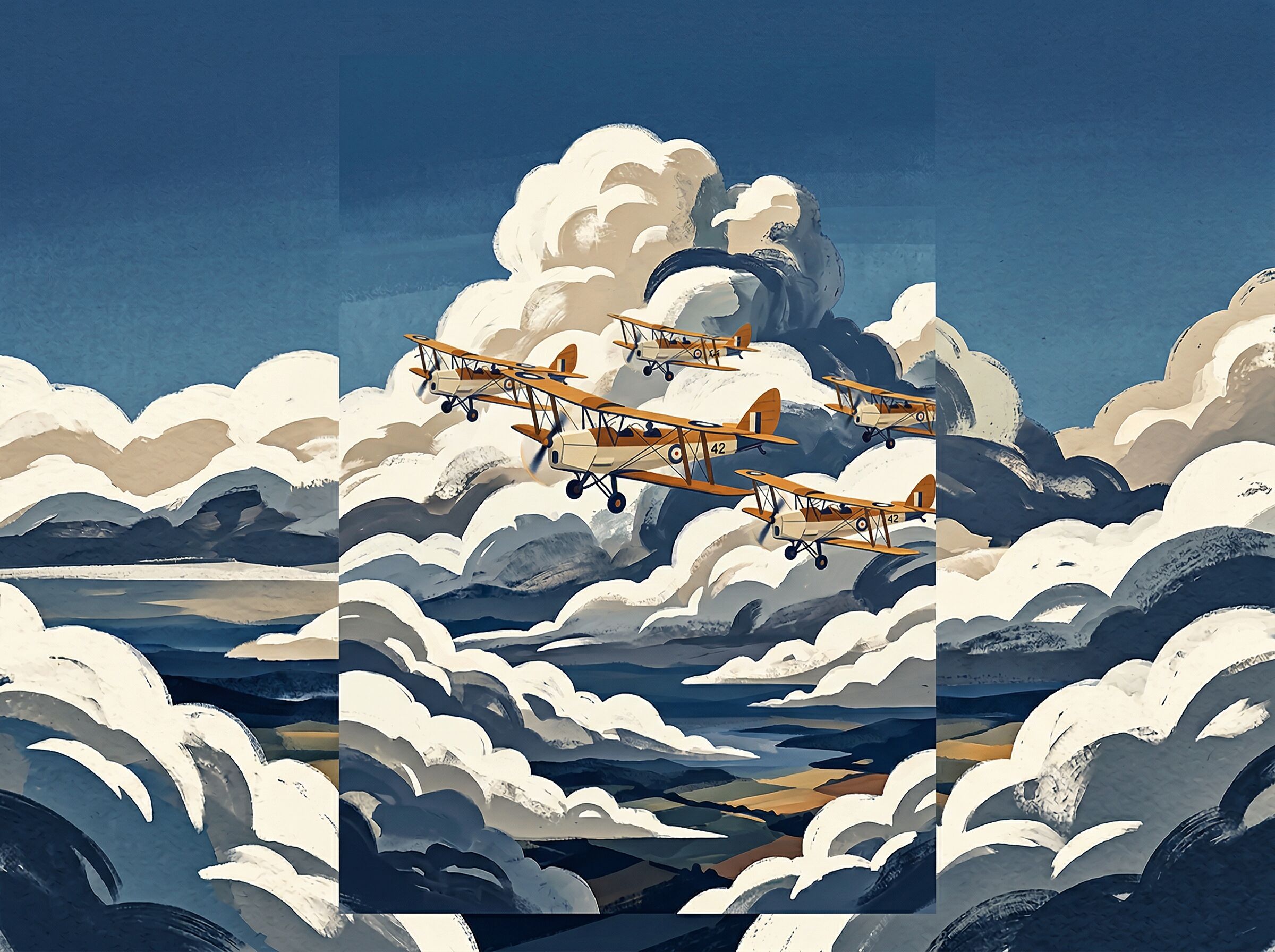 Vintage biplanes in formation through clouds