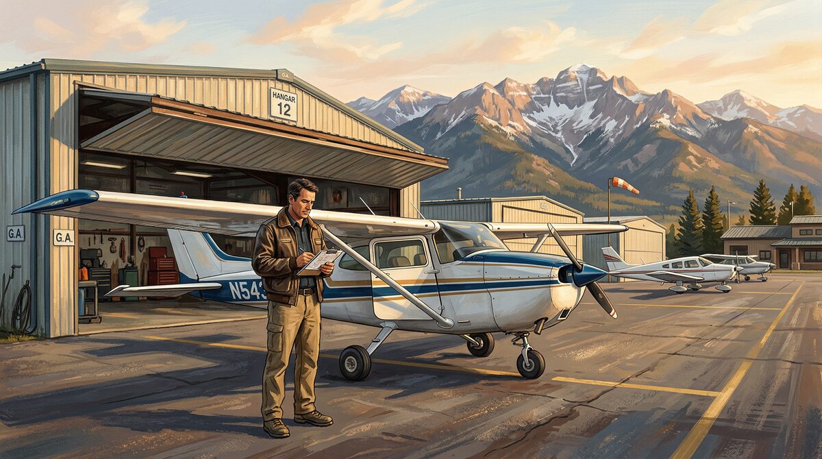 Pilot with clipboard at T-hangar