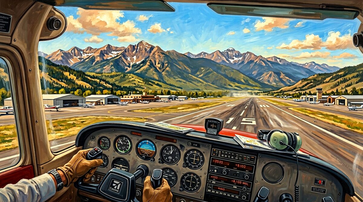 Small aircraft on the ramp at a Colorado Front Range airport with Rocky Mountains in the background
