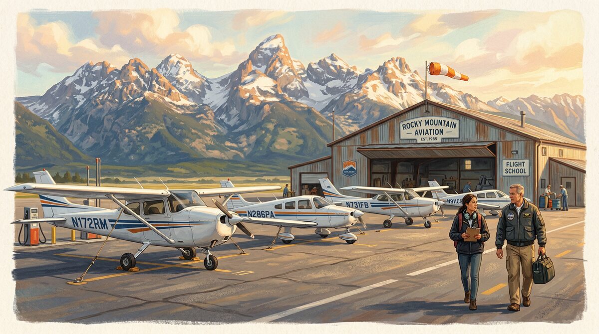 Student pilot walking the ramp at a Colorado flight school with mountains in the background