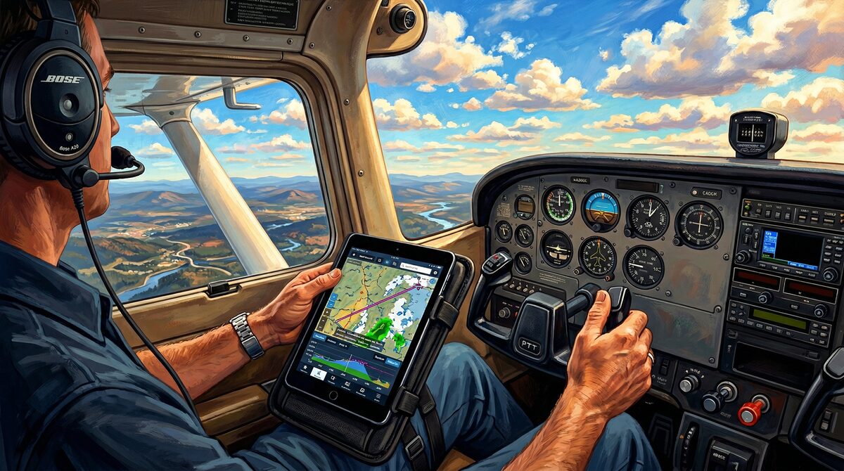 Pilot with iPad on kneeboard showing ForeFlight app with weather layers and airport information