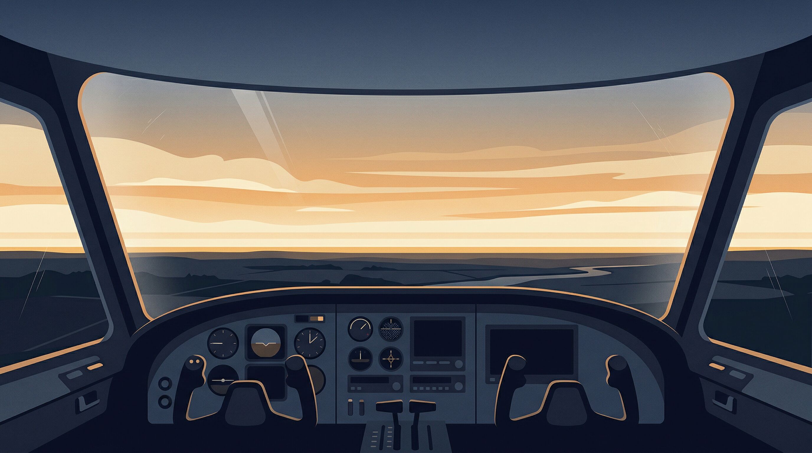 Cockpit view illustration looking out at horizon during golden hour