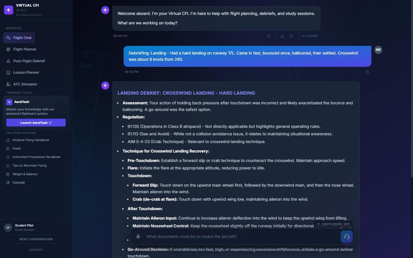 vCFI Post-Flight Debrief showing AI-generated landing debrief response with FAR citations and crosswind technique breakdown