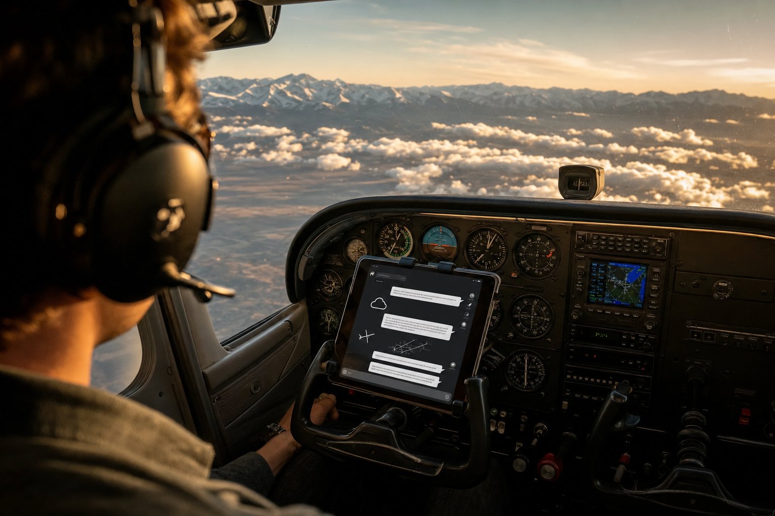 Student pilot in a Cessna 172 cockpit using an iPad with vCFI AI flight instructor app over the Colorado Front Range