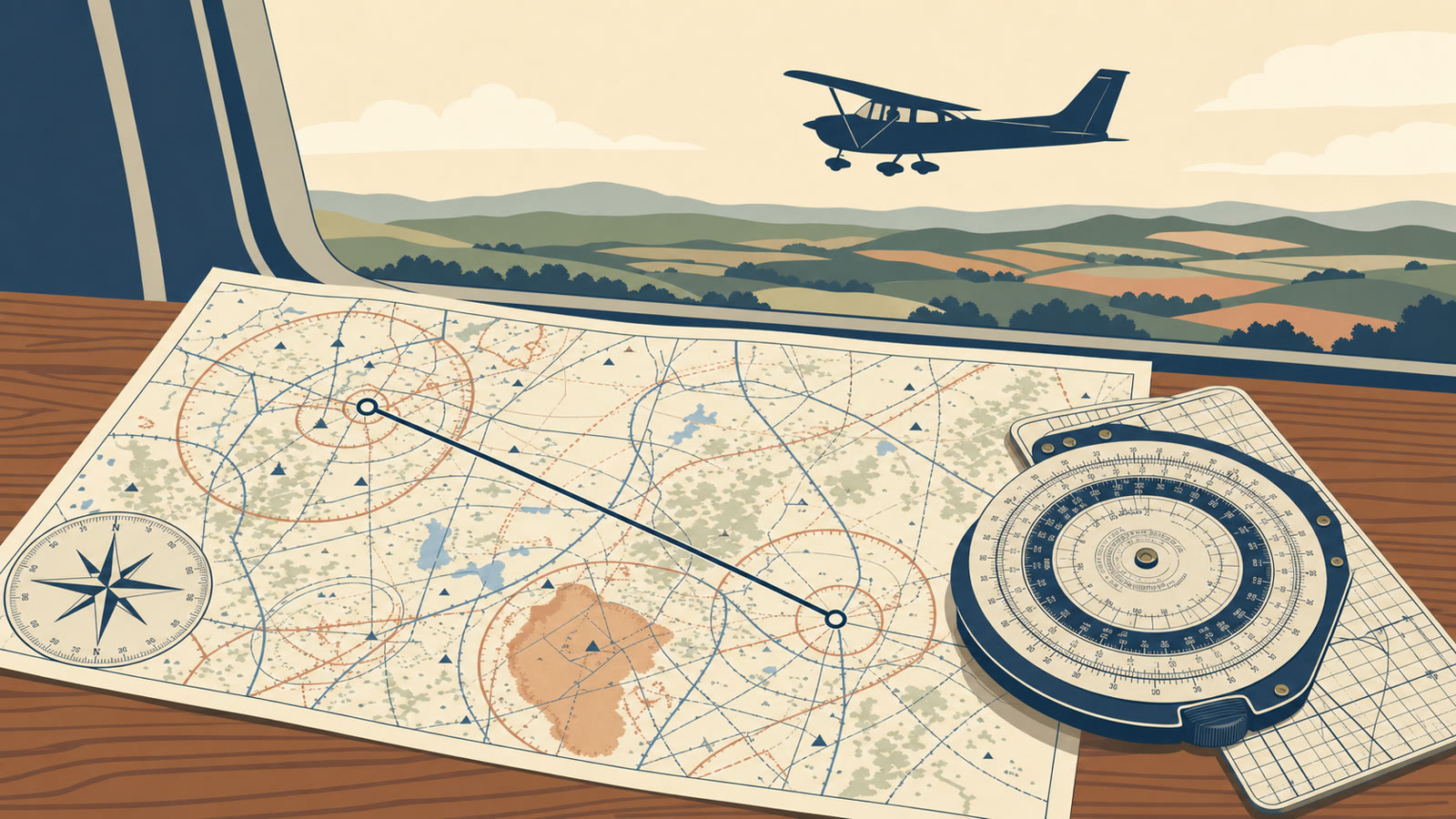 Flat vector illustration of a VFR sectional chart on a wooden table with an E6B flight computer, compass rose, and Cessna 172 flying above rolling terrain visible through a window