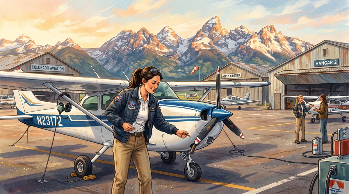 Female pilot doing preflight walk-around at a Colorado airport with Rocky Mountains in background